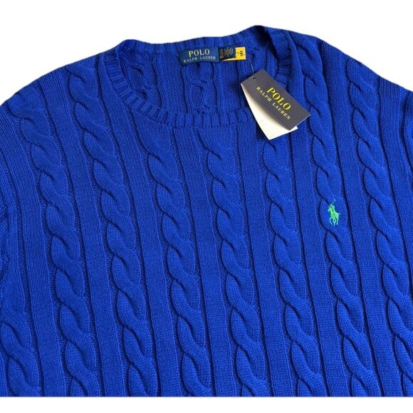 Polo Ralph Lauren XXL ROYAL BLUE CABLE Knit Crew-Neck Sweater GREEN PONY NEW - Picture 11 of 11
